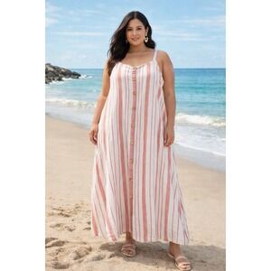 Sonoma Red White Striped Maxi Dress Women's 4X Sleeveless Button Front Casual